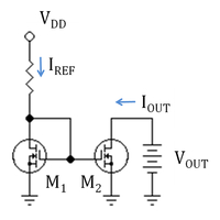 An n-channel MOSFET current mirror with a resistor to set the reference current